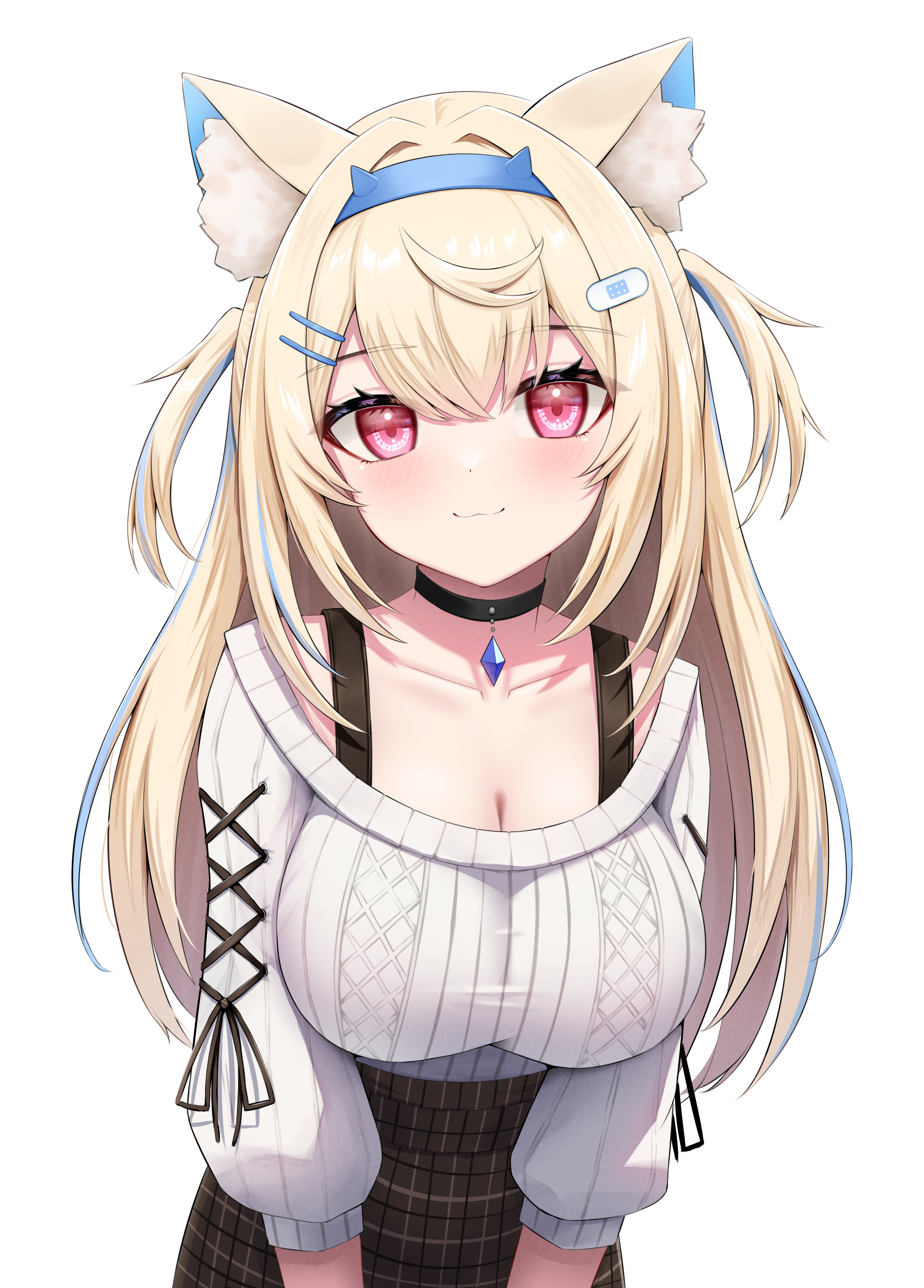 wavefile, fuwawa abyssgard, shirogane noel, shirogane noel (casual), hololive, hololive english, absurdres, highres, 1girl, animal ear fluff, animal ears, bandaid, bandaid hair ornament, black choker, black skirt, blonde hair, blue hairband, blush, breasts, choker, cleavage, cosplay, cross-laced clothes, cross-laced sleeves, dog ears, dog girl, fake horns, hair ornament, hairband, hairclip, horn hairband, horns, large breasts, leaning forward, long hair, looking at viewer, multicolored hair, parallel hairclips, pink eyes, plaid clothes, plaid skirt, ribbed sweater, shirogane noel (cosplay), simple background, skirt, smile, solo, streaked hair, sweater, two side up, virtual youtuber, white background, white sweater