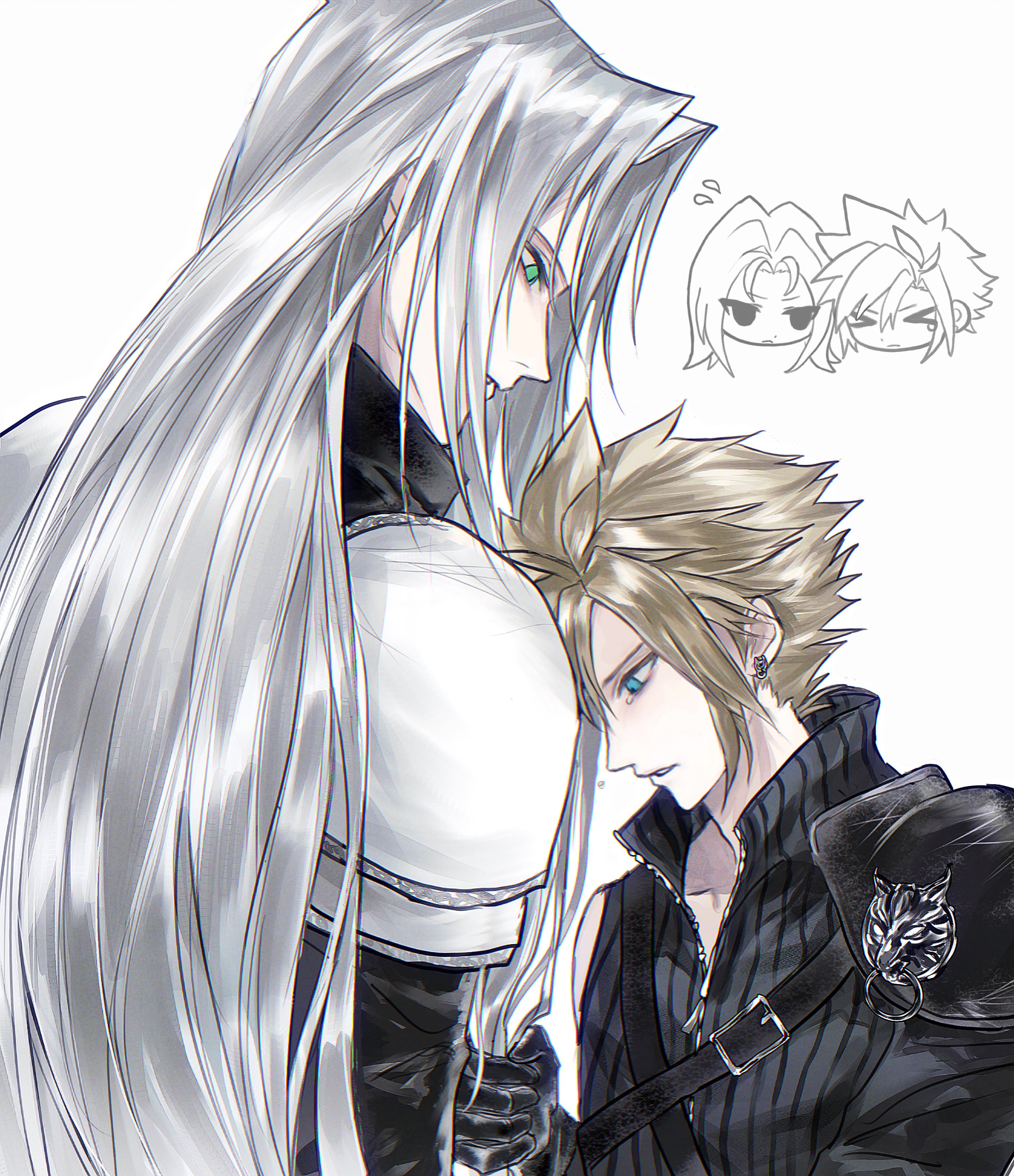 3 3lecho, cloud strife, sephiroth, final fantasy, final fantasy vii, final fantasy vii: advent children, absurdres, highres, 2boys, armor, asymmetrical sleeves, black coat, black vest, blonde hair, blue eyes, chibi, chibi inset, coat, crying, crying with eyes open, earrings, flying sweatdrops, grabbing another's hair, green eyes, grey hair, head on another's shoulder, height difference, holding another's hair, jewelry, long bangs, long hair, looking at another, looking down, male focus, multiple boys, parted bangs, parted lips, partially colored, pauldrons, sad, short hair, shoulder armor, shoulder strap, simple background, single pauldron, slit pupils, spiked hair, stud earrings, tears, vest, white background