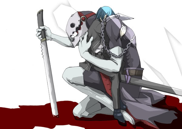 thanatos (persona), yuuki makoto (persona 3), atlus, persona, persona 3, blood, blue hair, grey eyes, hug, male focus, sword, weapon