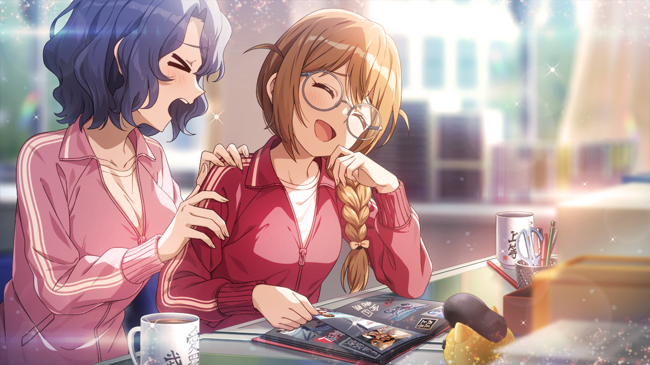 baba konomi, toyokawa fuka, idolmaster, idolmaster million live!, idolmaster million live! theater days, commentary request, game cg, official art, third-party source, 2girls, bespectacled, blue hair, blurry, blurry background, book, braid, breasts, brown hair, coffee, coffee mug, cup, desk, glasses, hair over shoulder, hand on another's arm, hand on another's shoulder, indoors, jacket, long hair, mug, multiple girls, open book, pink jacket, red jacket, round eyewear, short hair, single braid, track jacket, two side up, wavy hair
