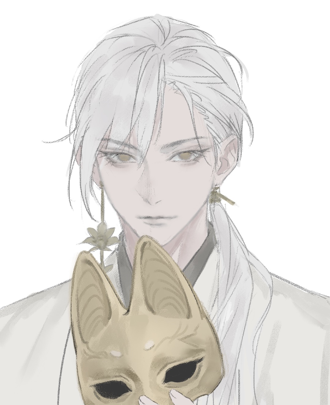 fox mask (silent hill), silent hill (series), silent hill f, commentary request, highres, 1boy, asymmetrical bangs, closed mouth, earrings, fox mask, holding, holding mask, jewelry, looking at viewer, male focus, mask, meijiudexianyu zoe, mismatched earrings, pale color, portrait, short hair, simple background, solo, unworn mask, white background, white hair, yellow eyes