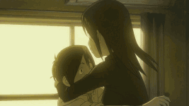 harakawa ken'ichi, harakawa tamako, dennou coil, animated, animated gif, lowres, 00s, 1boy, 1girl, bed, black hair, breasts, curtains, door, glasses, hug, jumpsuit, long hair, shirt, sweatband, white shirt, you gonna get raped