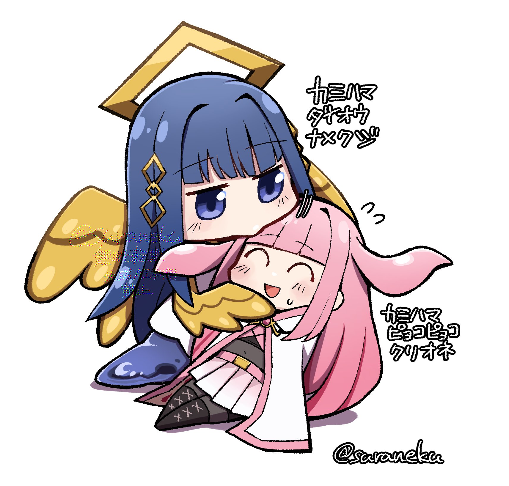 suraneku, nanami yachiyo, nanami yachiyo (historia ver.), tamaki iroha, magia record: mahou shoujo madoka magica gaiden, mahou shoujo madoka magica, mahou shoujo madoka magica magia exedra, commentary request, highres, translation request, 2girls, ^ ^, angel wings, belt, belt buckle, black boots, black shirt, blonde hair, blue eyes, blunt bangs, bodystocking, boots, brooch, buckle, chibi, chin rest, cloak, closed eyes, covered erect nipples, crop top, diamond halo, dress, expressive hair, feathered wings, flying sweatdrops, gem, hair ears, hair ornament, hairclip, half-harpy, halo, head on head, head rest, hood, hood down, hooded cloak, hug, jewelry, lace-up boots, light blush, long hair, lying, magical girl, medium dress, miniskirt, monster girl, motion lines, multiple girls, official alternate costume, on back, open mouth, papa (shimeguru) (style), parody, pink belt, pink gem, pink hair, pink skirt, pleated skirt, shadow, shirt, simple background, skirt, slime (creature), smile, style parody, sweatdrop, thigh boots, twitter username, very long hair, watermark, white background, white cloak, white dress, wings, yellow halo, yellow wings