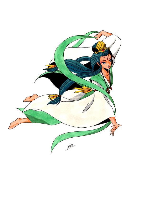 kazuma kaneko, atlus, persona, shin megami tensei, official art, 1girl, barefoot, blue eyes, blue hair, demon, feet, female focus, full body, simple background, solo, white background