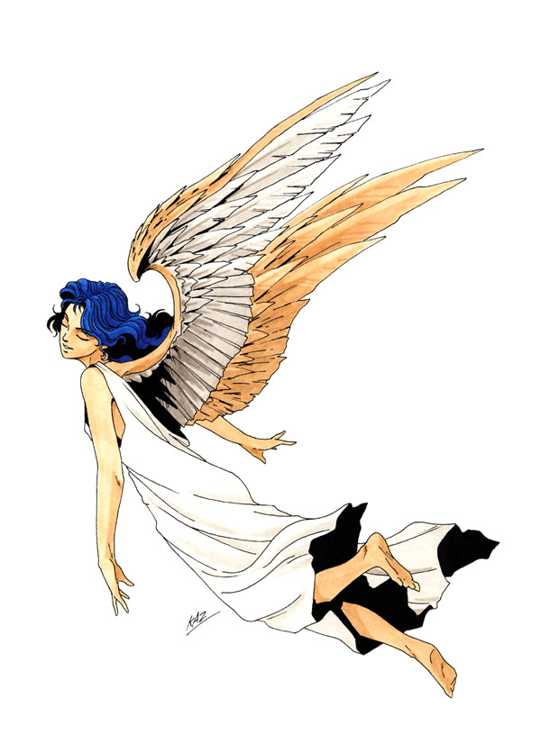 kazuma kaneko, angel (shin megami tensei), atlus, persona, shin megami tensei, official art, 1girl, angel, barefoot, blue hair, demon, dress, feet, female focus, full body, simple background, soles, solo, toes, white background, white dress, wings
