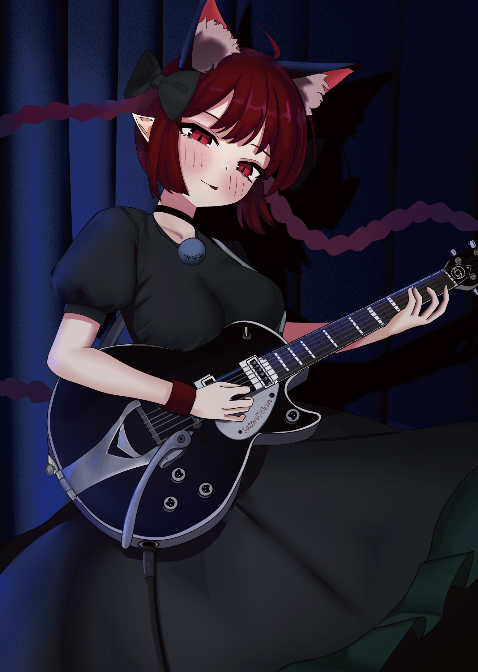 canonball (dungigi12), kaenbyou rin, touhou, commentary, highres, 1girl, :p, animal ear fluff, animal ears, black bow, black choker, black dress, blush, bow, breasts, cat ears, cat girl, choker, dress, extra ears, frilled dress, frills, guitar, hair bow, holding, holding instrument, instrument, looking at viewer, medium breasts, music, playing instrument, pointy ears, red eyes, red hair, short sleeves, solo, tongue, tongue out