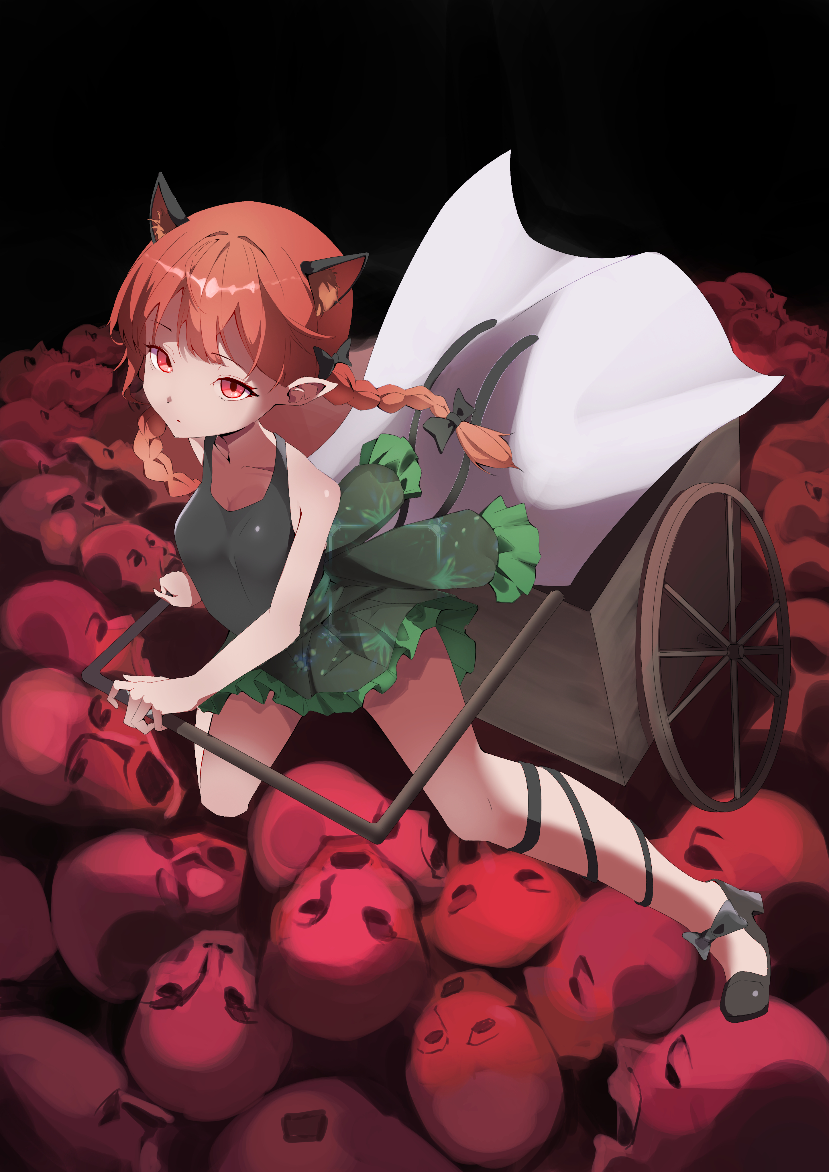 sumida mari, kaenbyou rin, touhou, absurdres, highres, 1girl, 6+others, adapted costume, animal ears, black background, black ribbon, black shoes, cat ears, cat girl, cat tail, closed mouth, dress, extra ears, frilled dress, frills, full body, green dress, leg ribbon, looking at viewer, multiple others, multiple tails, orange eyes, orange hair, pointy ears, ribbon, shoes, simple background, sleeveless, sleeveless dress, tail, two tails, wheelbarrow