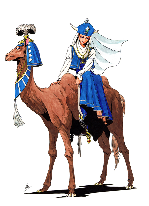 kazuma kaneko, atlus, persona, shin megami tensei, official art, 1girl, animal, blue dress, camel, demon, dress, female focus, riding, simple background, solo, white background