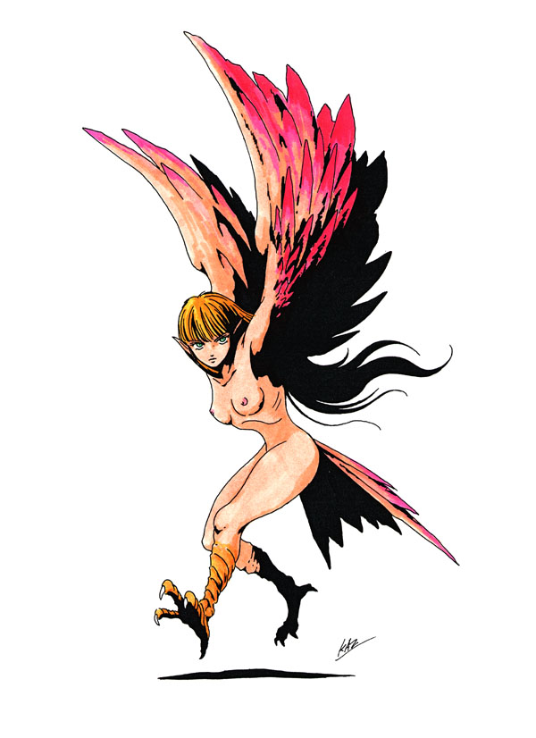 kazuma kaneko, atlus, persona, shin megami tensei, official art, 1girl, blonde hair, blue eyes, breasts, claws, demon, female focus, flat chest, full body, harpy, monster girl, nipples, nude, simple background, solo, traced, white background, wings