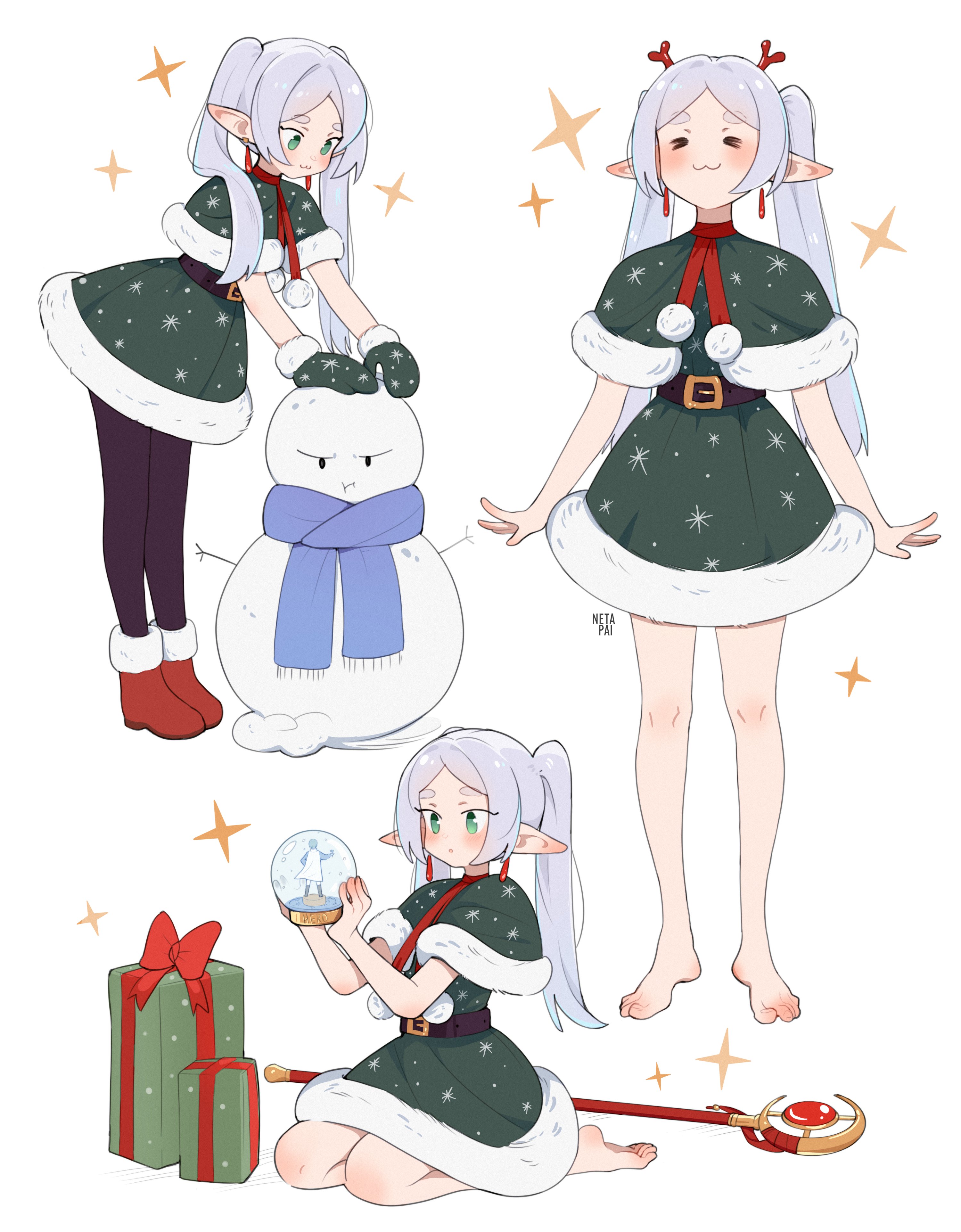 netapai1, frieren, himmel (sousou no frieren), sousou no frieren, absurdres, commentary, highres, symbol-only commentary, 1girl, :3, :o, = =, artist name, barefoot, belt, black pantyhose, blue scarf, blush, boots, box, brown belt, capelet, closed mouth, dress, earrings, elf, feet, full body, fur-trimmed boots, fur-trimmed capelet, fur-trimmed dress, fur-trimmed mittens, fur trim, gift, gift box, green capelet, green dress, green eyes, green mittens, grey hair, holding, holding snow globe, jewelry, mage staff, mittens, multiple views, pantyhose, parted bangs, parted lips, pointy ears, pom pom (clothes), red boots, scarf, seiza, short eyebrows, sitting, smile, snow globe, snowman, staff, standing, teardrop earrings, thick eyebrows, toes, twintails