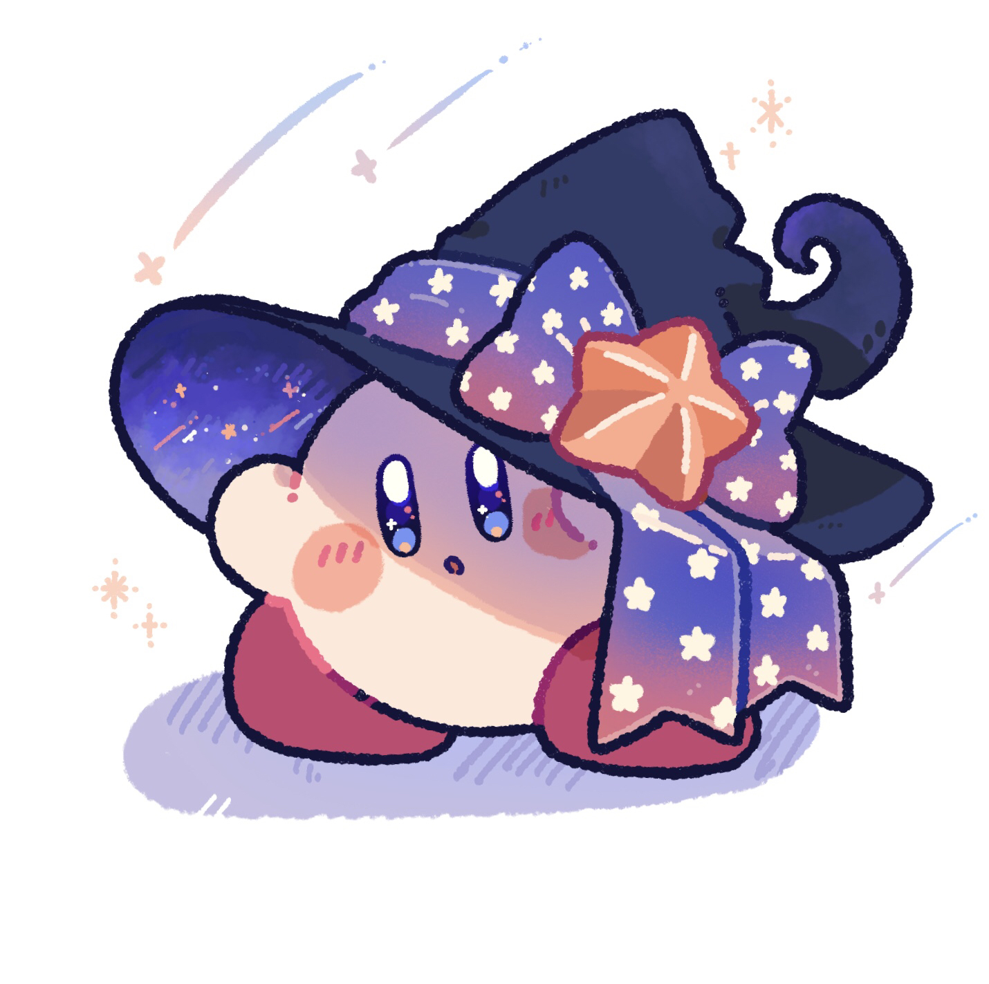 harukui, kirby, kirby (series), nintendo, commentary request, highres, :o, black hat, blue eyes, blush stickers, bow, full body, hat, hat bow, hat ornament, no humans, open mouth, print bow, purple bow, simple background, solo, standing, star (symbol), star hat ornament, star print, white background, witch hat