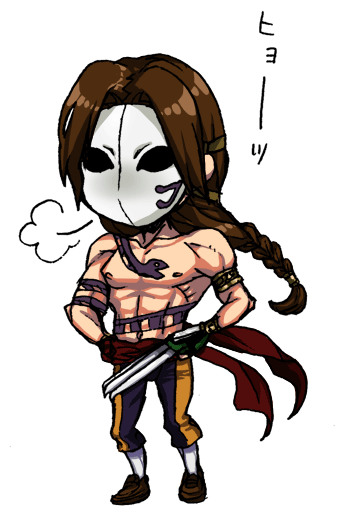 vega (street fighter), capcom, street fighter, bad id, bad pixiv id, 1boy, abs, armlet, bracelet, braid, brown hair, chibi, claw (weapon), floating hair, hands on own hips, jewelry, long hair, looking at viewer, male focus, mask, muscular, navel, nipples, pants, ribs, sash, scrunchie, shoes, simple background, single braid, snake, solo, standing, tattoo, topless male, weapon, white background