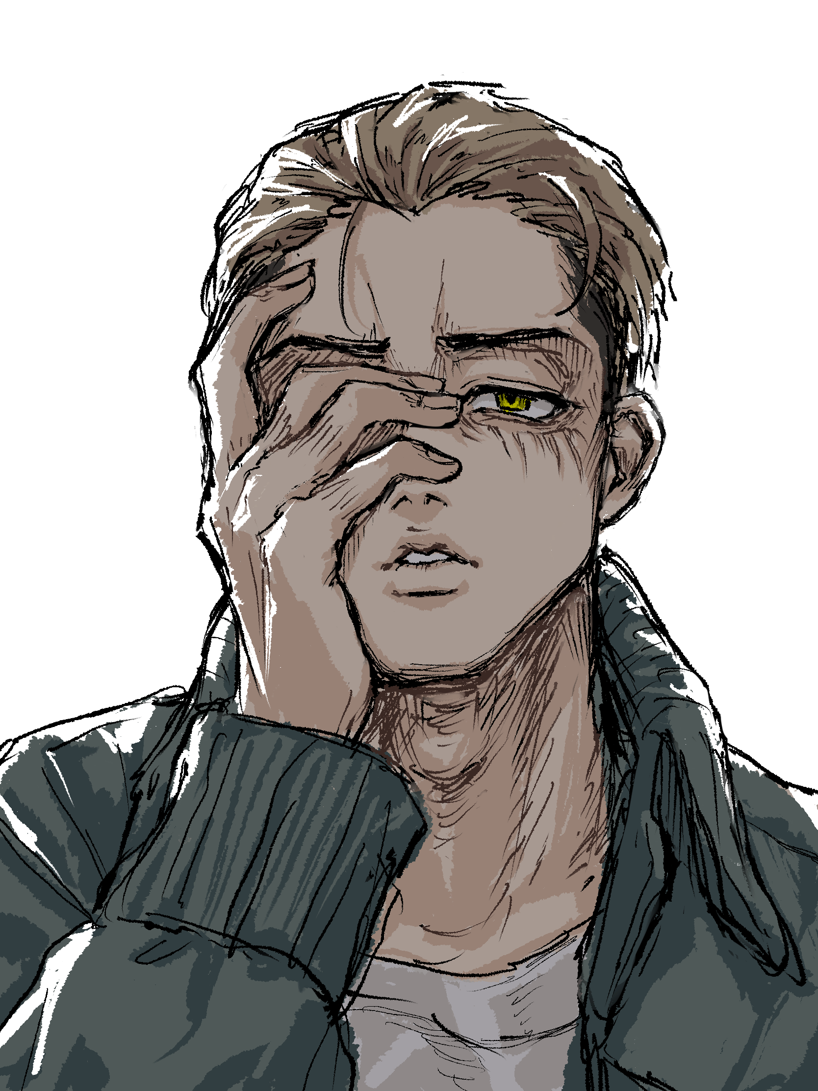 okubatomaeba, porco galliard, shingeki no kyojin, commentary, highres, 1boy, blue jacket, brown hair, hair slicked back, hand on own face, jacket, long sleeves, looking at viewer, male focus, one eye covered, parted lips, portrait, short hair, simple background, solo, white background, yellow eyes