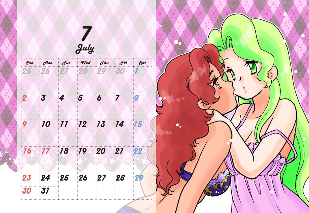 kisaragi miyuki, commentary request, 2girls, april enus, babydoll, bra, breasts, brown eyes, calendar (medium), cleavage, closed mouth, dark-skinned female, dark skin, eye contact, green eyes, green hair, hand on another's neck, interracial, july, leaning forward, long hair, looking at another, maria anakiss, medium breasts, multiple girls, panties, pink babydoll, purple bra, purple panties, red hair, takemoto izumi (style), transistor ni venus, underwear, underwear only, upper body, yuri