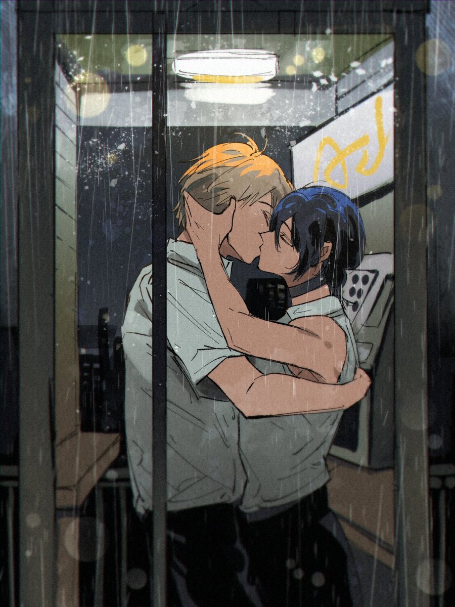 axelstool, denji (chainsaw man), reze (chainsaw man), chainsaw man, highres, 1boy, 1girl, arm around back, bare shoulders, black choker, black pants, black shorts, choker, closed eyes, collared shirt, couple, cowboy shot, hair between eyes, hair bun, hand in another's hair, hetero, kiss, medium hair, pants, phone booth, rain, shirt, short hair, short sleeves, shorts, sleeveless, sleeveless shirt, updo, white shirt