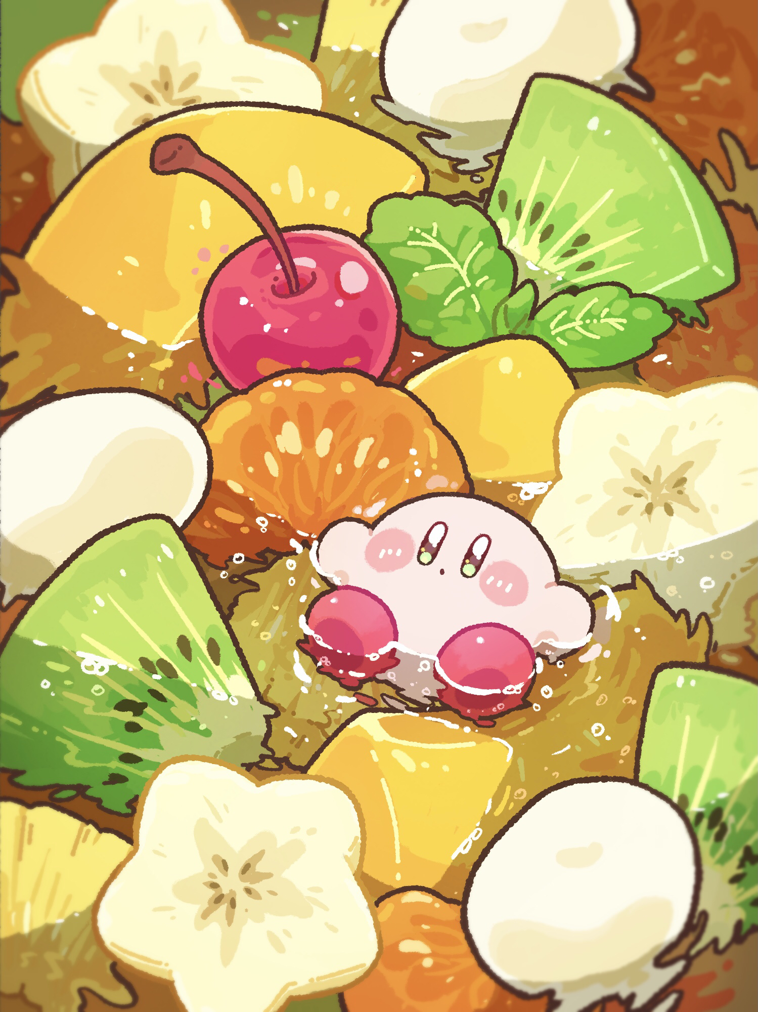 harukui, kirby, kirby (series), nintendo, commentary request, highres, :o, afloat, blush stickers, bright pupils, cherry, closed mouth, dot mouth, food, food focus, from above, fruit, kiwi (fruit), looking up, no humans, no nose, peach, pineapple, starfruit, white pupils