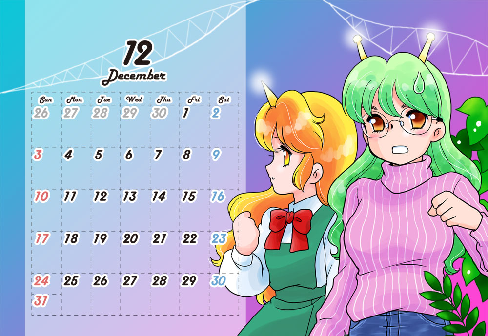 kisaragi miyuki, commentary request, 2girls, antennae, blue pants, bow, bowtie, calendar (medium), collared shirt, comedic sweatdrop, creator connection, crossover, december, dress, glasses, glowing horns, green dress, green hair, hand up, heya ura no baiten, horns, leaf, long hair, looking at viewer, midori (heya ura no baiten), multiple girls, open mouth, pants, parted lips, pinafore dress, pink sweater, red bow, red bowtie, red eyes, red hair, shirt, single horn, sleeveless, sleeveless dress, sweater, takemoto izumi (style), turtleneck, turtleneck sweater, upper body, vertical-striped sweater, white shirt, yoshizawa yumimi, yumimi mix