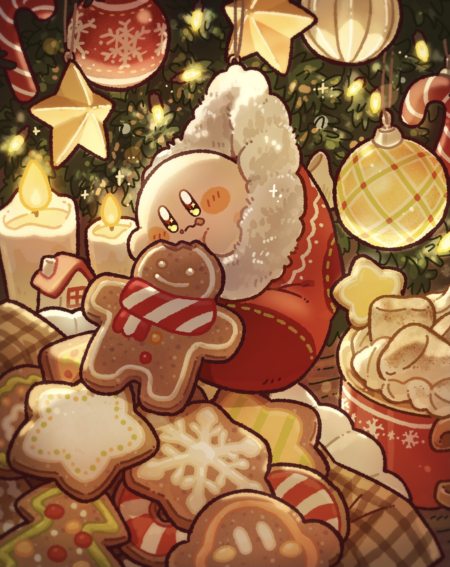 harukui, kirby, kirby (series), nintendo, commentary request, highres, blush stickers, candle, candy, candy cane, christmas, christmas stocking, coffee mug, cookie, cup, fire, food, food on face, gingerbread man, holding, holding food, indoors, marshmallow, merry christmas, mug, no humans, snowflake print, solo, sparkle, sparkling eyes, star (symbol), wavy hair