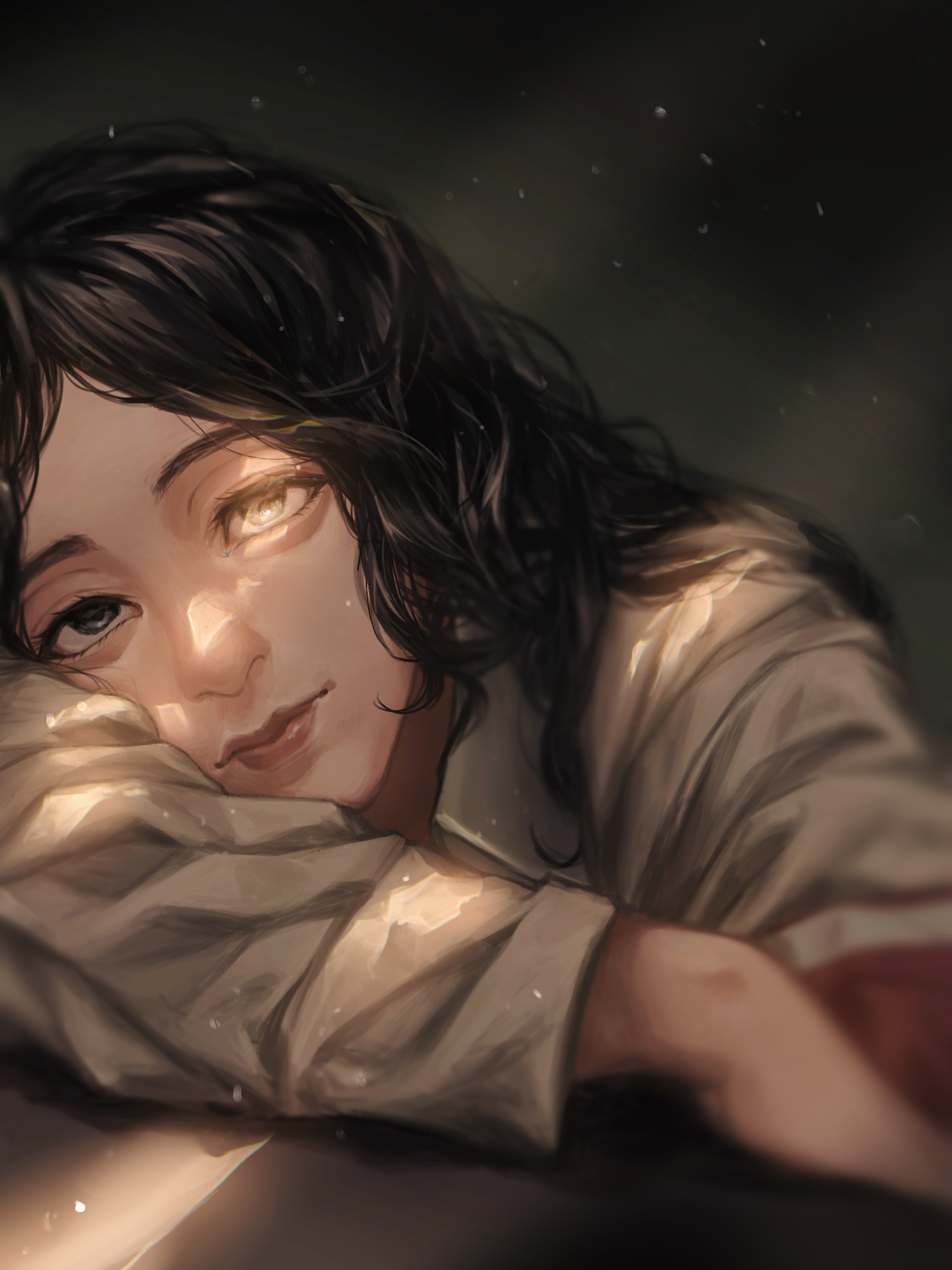 okubatomaeba, pieck finger, shingeki no kyojin, commentary, highres, 1girl, arm rest, armband, black eyes, black hair, closed mouth, dappled sunlight, grey background, grey shirt, head rest, lips, long hair, long sleeves, looking at viewer, nose, parted bangs, realistic, red armband, shirt, smile, solo, sunlight