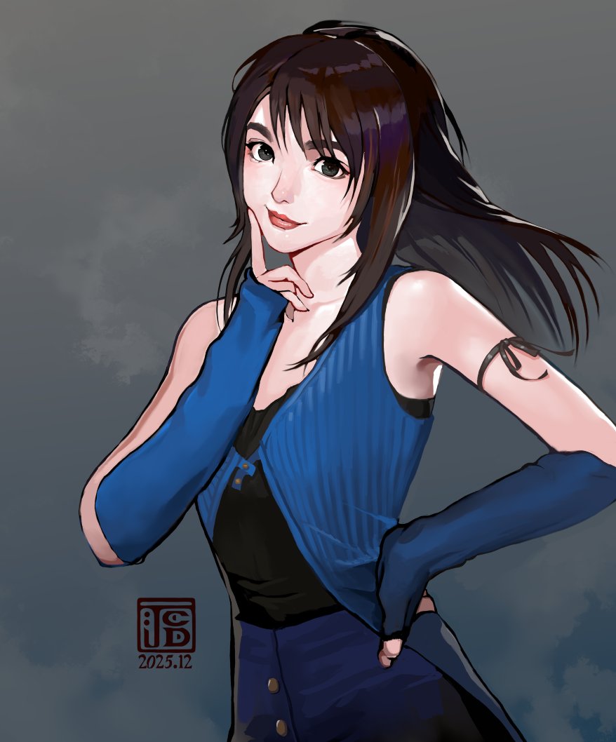 fumezu1, rinoa heartilly, final fantasy, final fantasy viii, 1girl, arm ribbon, bare shoulders, black hair, black ribbon, black shirt, blue arm warmers, blue cardigan, blue skirt, blue sleeves, brown hair, cardigan, closed mouth, dated, finger to own chin, gold buttons, grey background, grey eyes, hair between eyes, hand on own hip, light smile, long hair, ribbon, shirt, skirt, sleeveless, sleeveless shirt, sleeves past wrists, solo, upper body