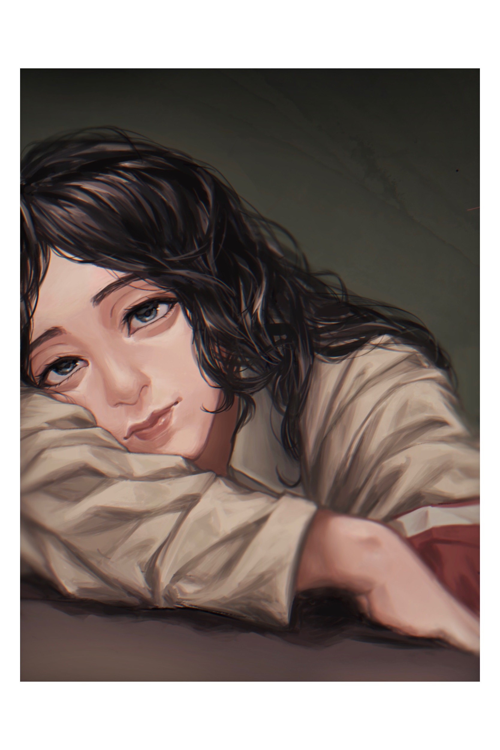 okubatomaeba, pieck finger, shingeki no kyojin, absurdres, commentary, highres, 1girl, arm rest, armband, black eyes, black hair, border, closed mouth, grey background, grey shirt, head rest, lips, long hair, long sleeves, looking at viewer, nose, parted bangs, realistic, red armband, shirt, smile, solo, white border