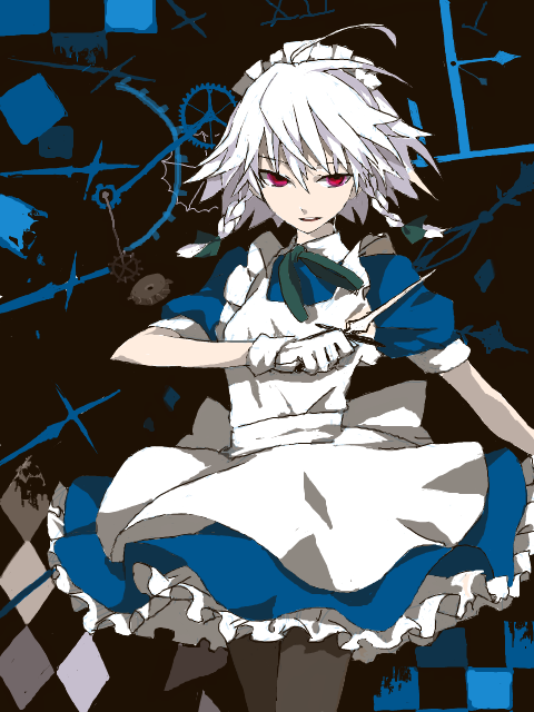 shion (mamuring), shionty, izayoi sakuya, embodiment of scarlet devil, touhou, bad id, bad pixiv id, 1girl, female focus, knife, maid, red eyes, short hair, solo, throwing knife, weapon