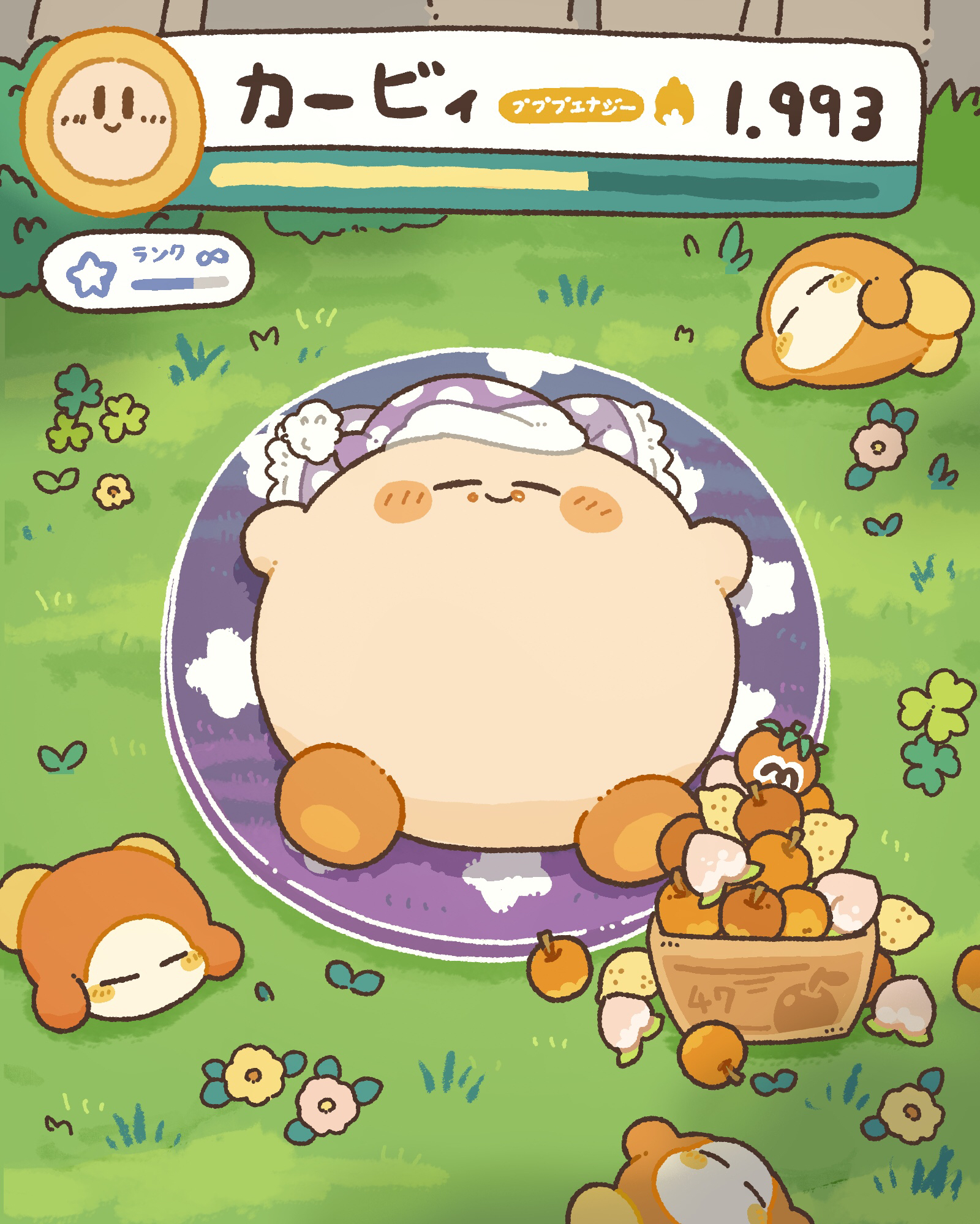 harukui, kirby, waddle dee, kirby (series), nintendo, commentary request, highres, translated, apple, blush stickers, closed eyes, closed mouth, day, flower, food, food on face, fruit, gameplay mechanics, grass, hat, lemon, lying, maxim tomato, nightcap, no humans, on side, on stomach, outdoors, peach, polka dot headwear, purple hat, sleeping, smile