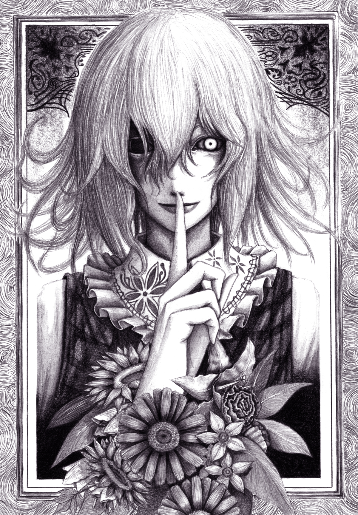 hane (azelye), kazami yuuka, touhou, framed, graphite (medium), highres, traditional media, 1girl, creepy, female focus, finger to mouth, flower, greyscale, horror (theme), lips, monochrome, one-eyed, plaid clothes, plaid vest, portrait, short hair, shushing, solo, vest