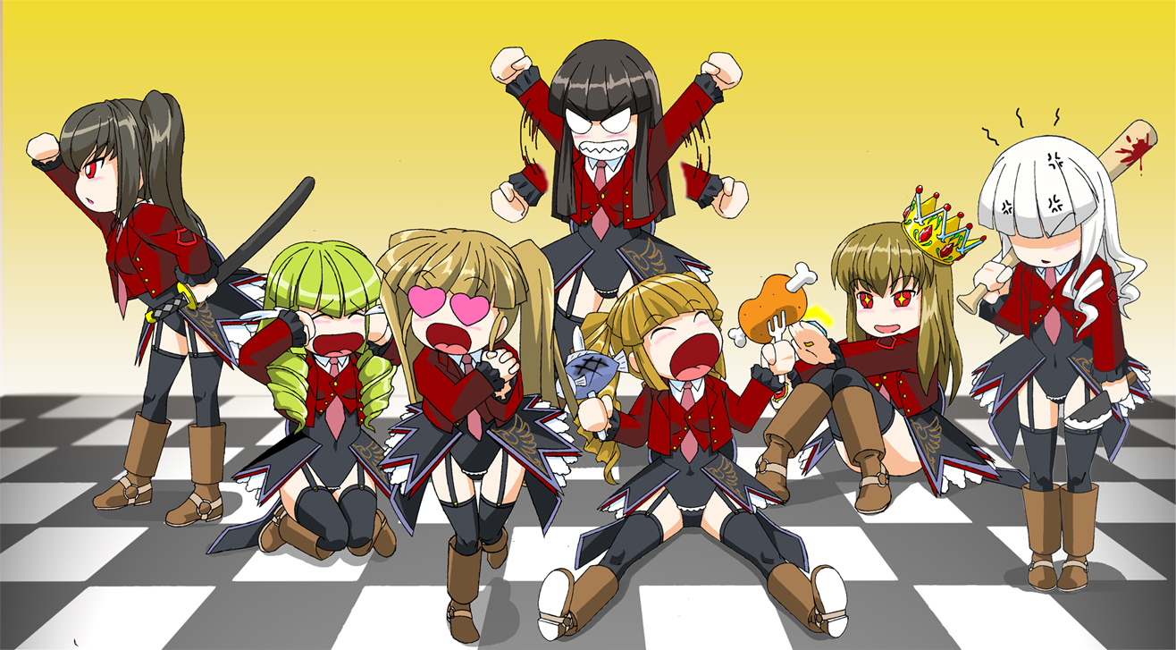 k.m, asmodeus (umineko), beelzebub (umineko), belphegor (umineko), leviathan (umineko), lucifer (umineko), mammon (umineko), sakutarou (umineko), satan (umineko), stakes of purgatory, umineko no naku koro ni, 00s, 6+girls, angry, blood, chibi, eating, food, heart, multiple girls, necktie, pink necktie, thighhighs