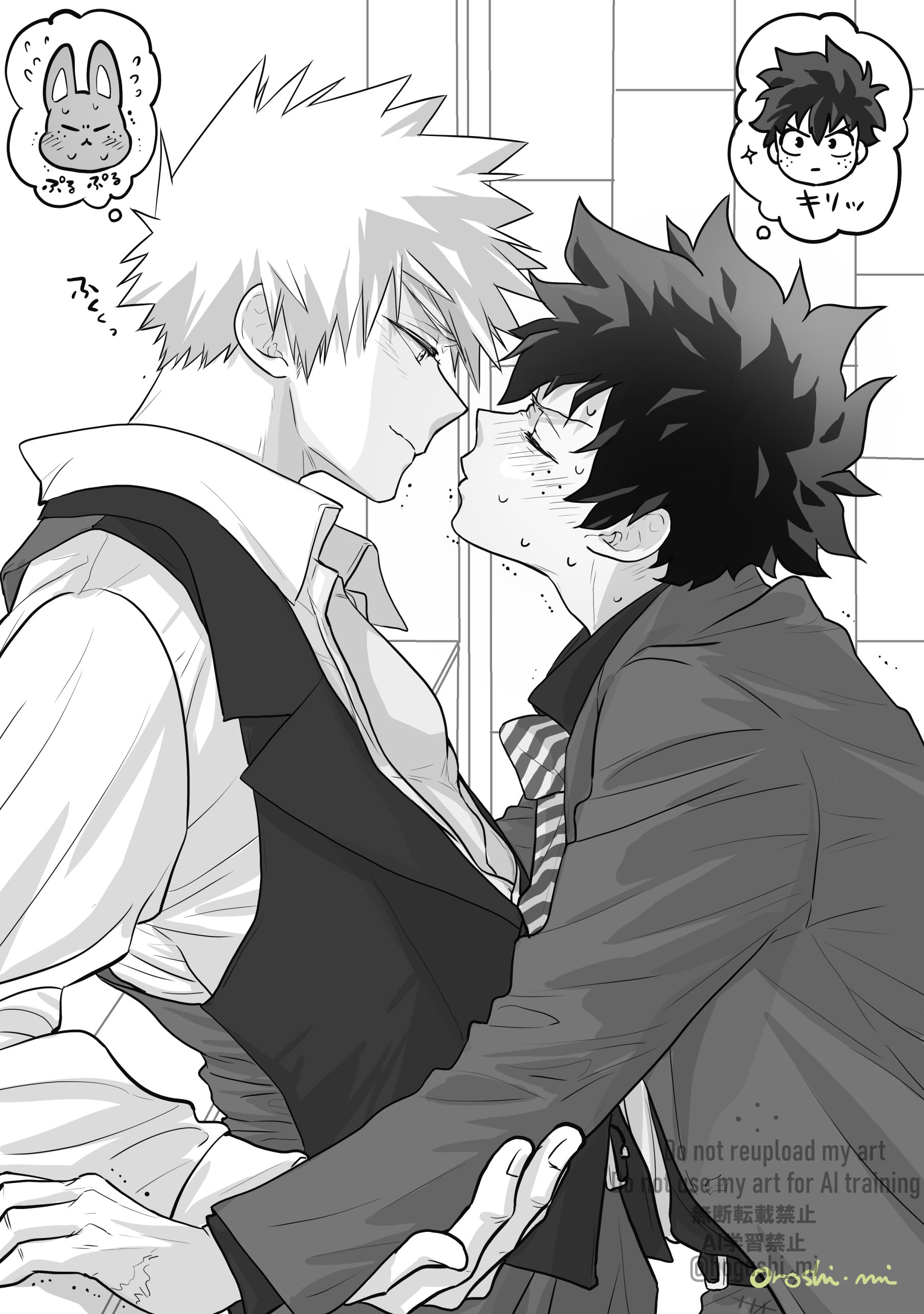 oroshi mi, bakugou katsuki, midoriya izuku, boku no hero academia, absurdres, commentary request, highres, 2boys, adam's apple, blush, closed eyes, collared shirt, flying sweatdrops, greyscale, hand on another's arm, imminent kiss, jacket, lapels, leaning, leaning forward, long sleeves, male focus, monochrome, multiple boys, necktie, nervous sweating, notched lapels, open collar, parted bangs, rabbit, shirt, short hair, speech bubble, spiked hair, spoken animal, spoken character, striped clothes, striped necktie, suit jacket, sweat, thought bubble, upper body, vest, watermark, wing collar, yaoi