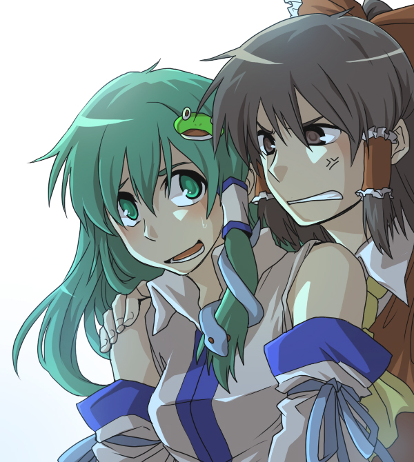 re ghotion, hakurei reimu, kochiya sanae, touhou, bad id, bad pixiv id, 2girls, angry, female focus, multiple girls, ribbon