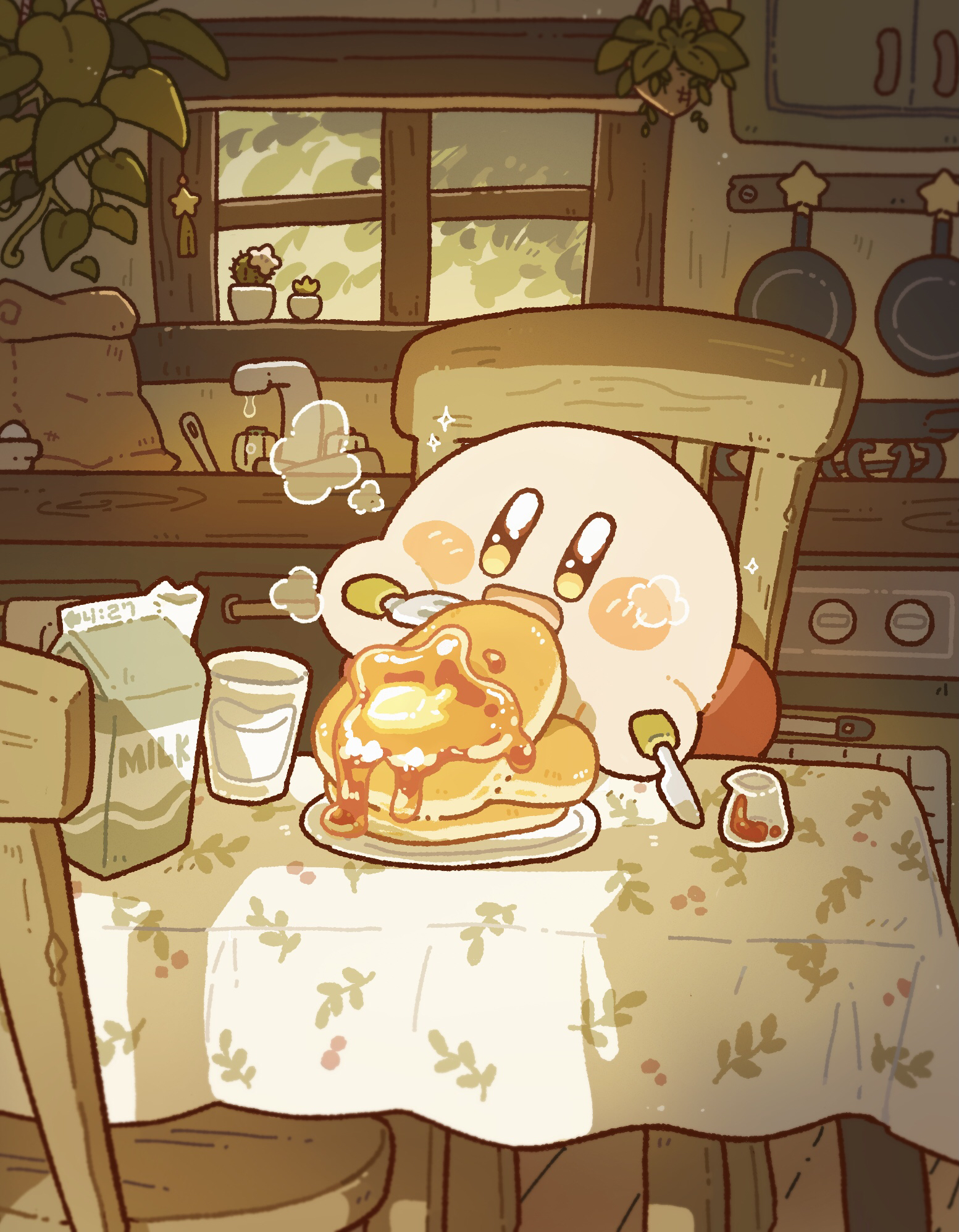 harukui, kirby, kirby (series), nintendo, commentary request, highres, blush stickers, butter, chair, drink carton, dripping, eating, flower, food, fork, frying pan, glass, hanging plant, holding, holding fork, holding knife, indoors, kitchen, knife, leaf, leaning forward, maple syrup, milk, milk carton, morning, no humans, open mouth, oven, pancake, pancake stack, plant, plant print, potted plant, sack, shadow, sink, sitting, smile, solo, sparkle, star (symbol), steam, stove, tree, water, white flower, window, yellow eyes