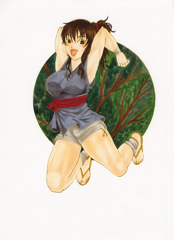 okoi, basilisk (manga), 00s, armpits, brown hair, jumping, ninja, tree