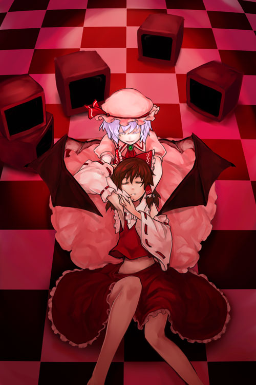 totteri, hakurei reimu, remilia scarlet, touhou, 2girls, checkered floor, closed eyes, female focus, floor, lap pillow, multiple girls, perspective, television, yuri