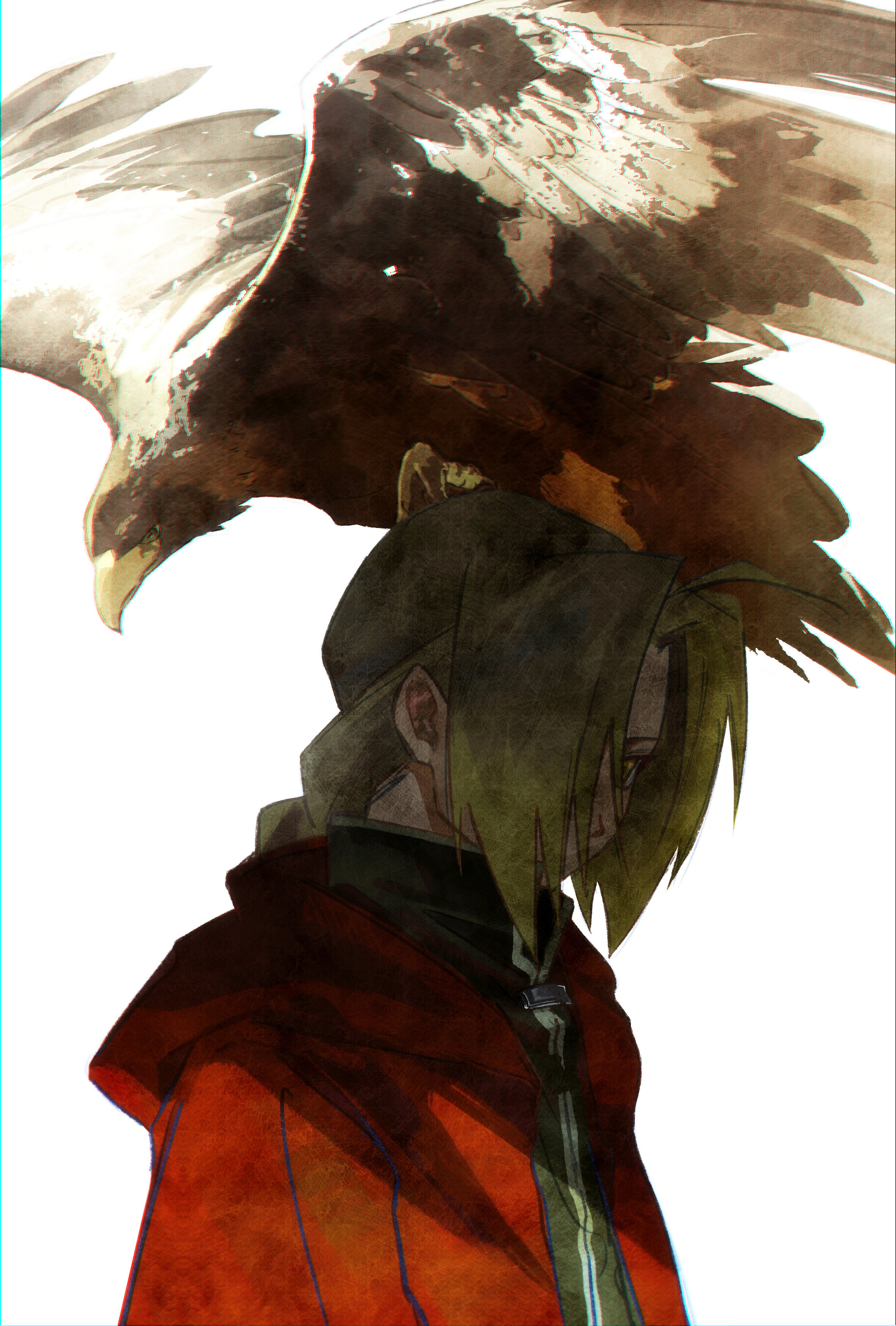 youritai, edward elric, fullmetal alchemist, absurdres, highres, 1boy, ahoge, animal, animal on head, bird, bird on head, black jacket, blonde hair, braid, coat, hair over one eye, hawk, hood, hood down, hooded coat, jacket, long hair, male focus, on head, parted bangs, red coat, shaded face, single braid, upper body, white background