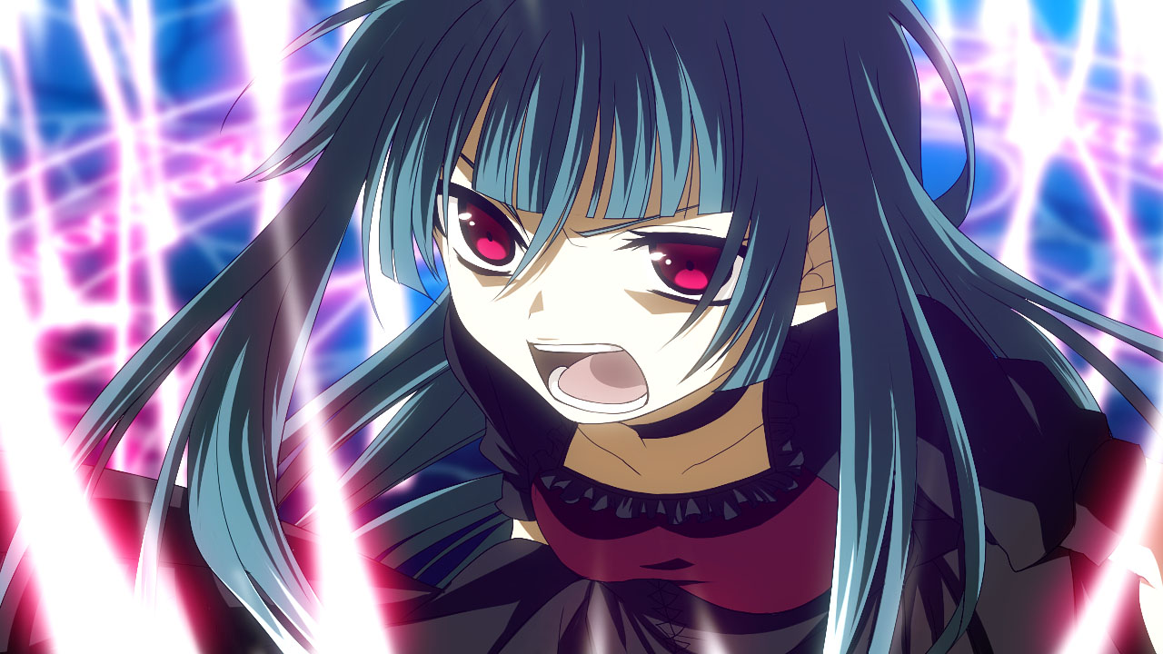 yodobashi yuo, original, angry, blue hair, collar, dress, leaning forward, long hair, magic circle, open mouth, purple eyes, red eyes, solo, teeth, thighhighs