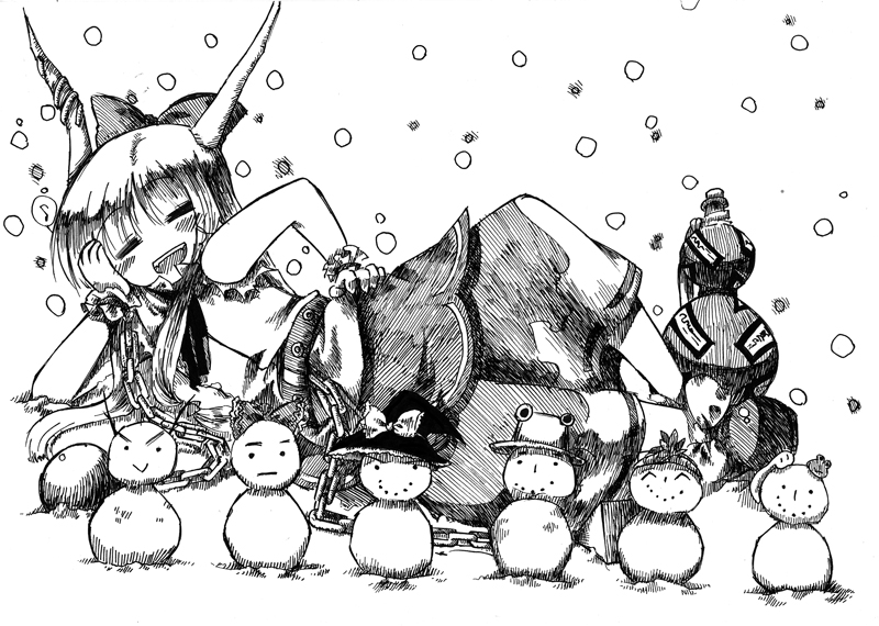 kumatohigurasi, hakurei reimu, ibuki suika, kirisame marisa, kochiya sanae, moriya suwako, yasaka kanako, perfect cherry blossom, touhou, bad id, bad pixiv id, nib pen (medium), pen (medium), traditional media, 1girl, bow, closed eyes, cosplay, female focus, full body, gourd, greyscale, hair bow, hakurei reimu (cosplay), hand on own hip, hip focus, horns, ibuki suika (cosplay), kirisame marisa (cosplay), kochiya sanae (cosplay), long hair, lying, monochrome, moriya suwako (cosplay), outdoors, snow, snowman, solo, white background, yasaka kanako (cosplay)