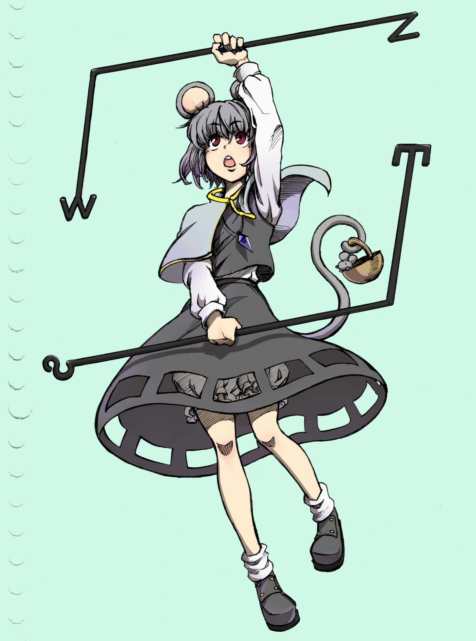housei, yadonushi (housei), nazrin, touhou, absurdres, bad id, bad pixiv id, highres, 1girl, animal ears, basket, bloomers, female focus, grey hair, jewelry, mouse (animal), mouse ears, mouse tail, open mouth, pendant, red eyes, short hair, solo, tail, underwear