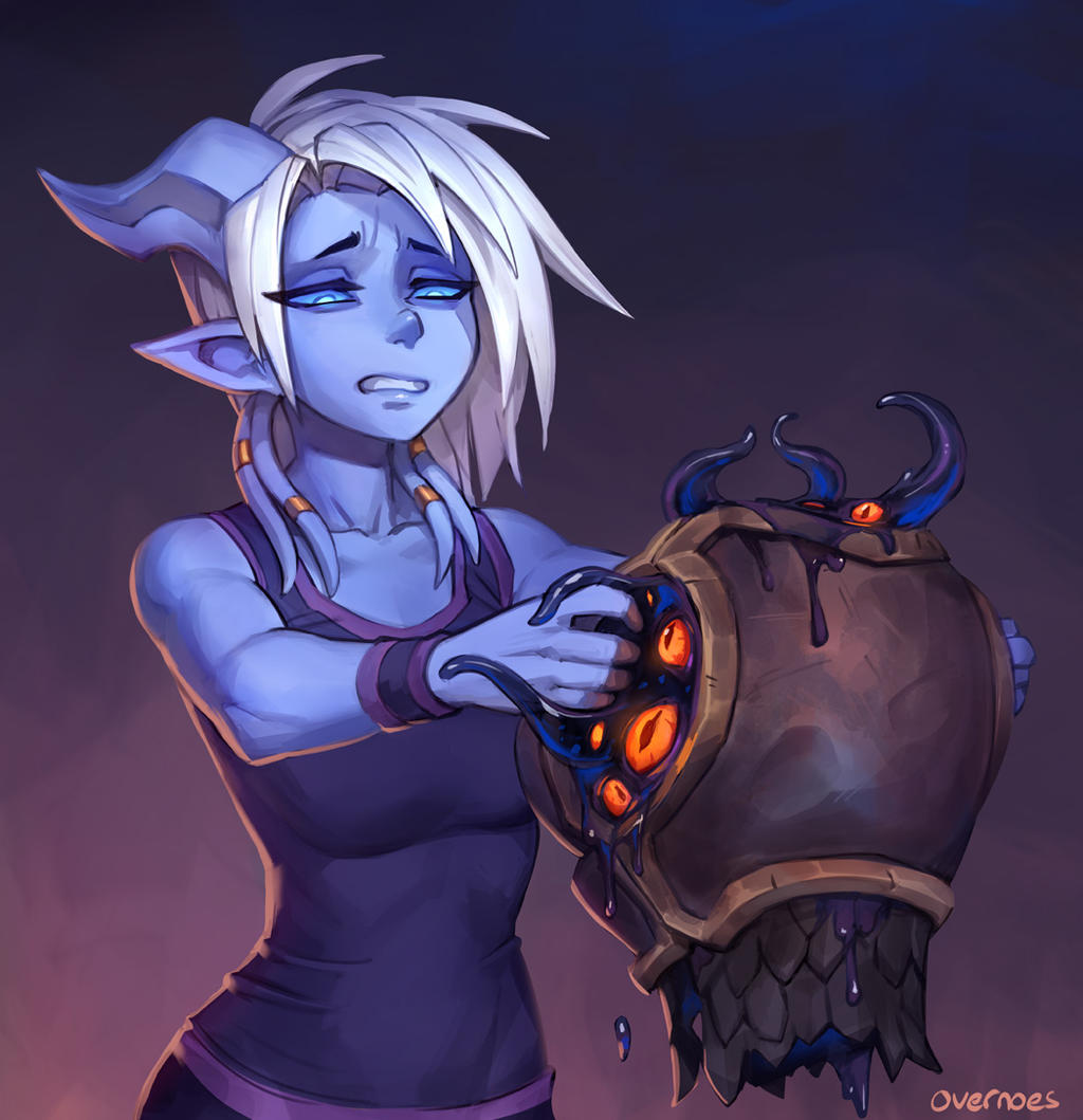 overnoes, draenei, warcraft, armor, horns, tank top, tentacles, white hair