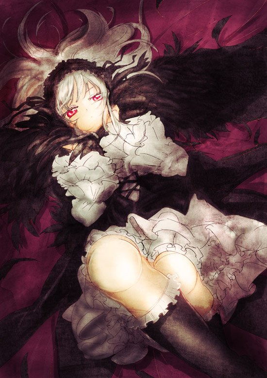 mokeo, suigintou, rozen maiden, silver hair, 00s, boots, doll joints, dress, hairband, joints, knee boots, lying, red eyes, solo, wings