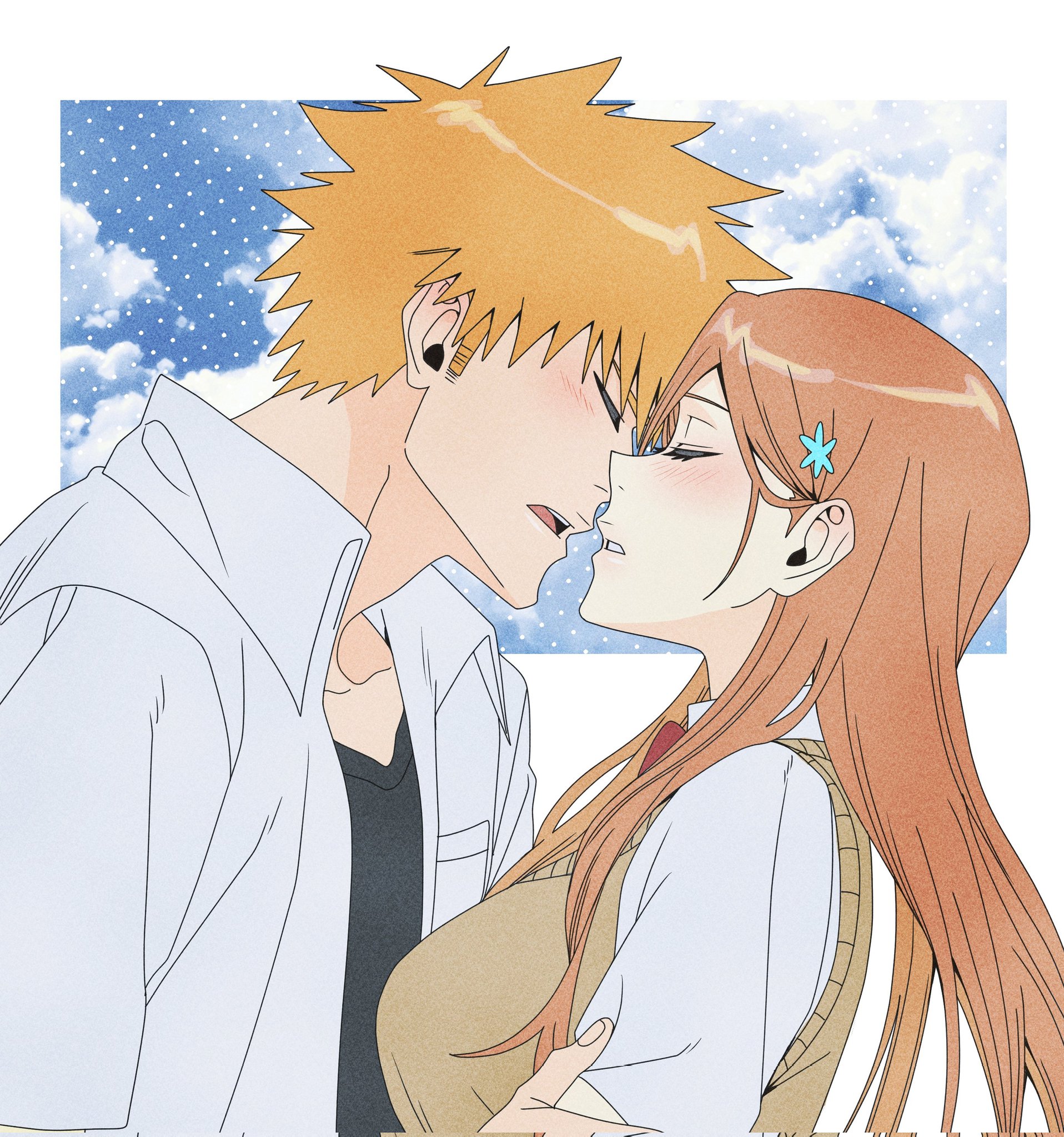 n (nauki 11), inoue orihime, kurosaki ichigo, bleach, highres, 1boy, 1girl, blue sky, border, breasts, closed eyes, cloud, collarbone, hair ornament, hairclip, hetero, karakura high school uniform, large breasts, light blush, long hair, orange hair, school uniform, short hair, sky, snowflake hair ornament, white border