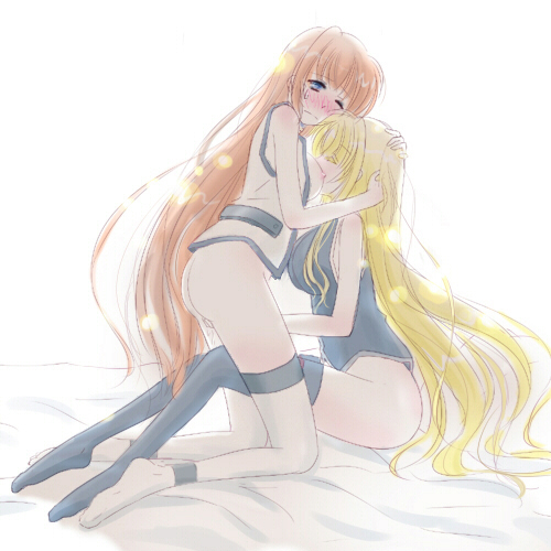 hachikei, fate testarossa, fate testarossa (true sonic form), takamachi nanoha, lyrical nanoha, mahou shoujo lyrical nanoha, mahou shoujo lyrical nanoha strikers, lowres, 00s, 2girls, ass, blonde hair, blue eyes, blush, bottomless, breasts, brown hair, fingering, large breasts, long hair, medium breasts, multiple girls, nipples, one eye closed, pussy juice, thighhighs, wink, yuri