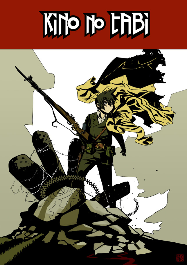 carolyn gan, mike mignola, hellboy, kino (kino no tabi), hellboy (comic), kino no tabi, 1girl, androgynous, barbed wire, bayonet, belt, black hair, coat, female focus, gun, parody, reverse trap, rifle, short hair, solo, weapon