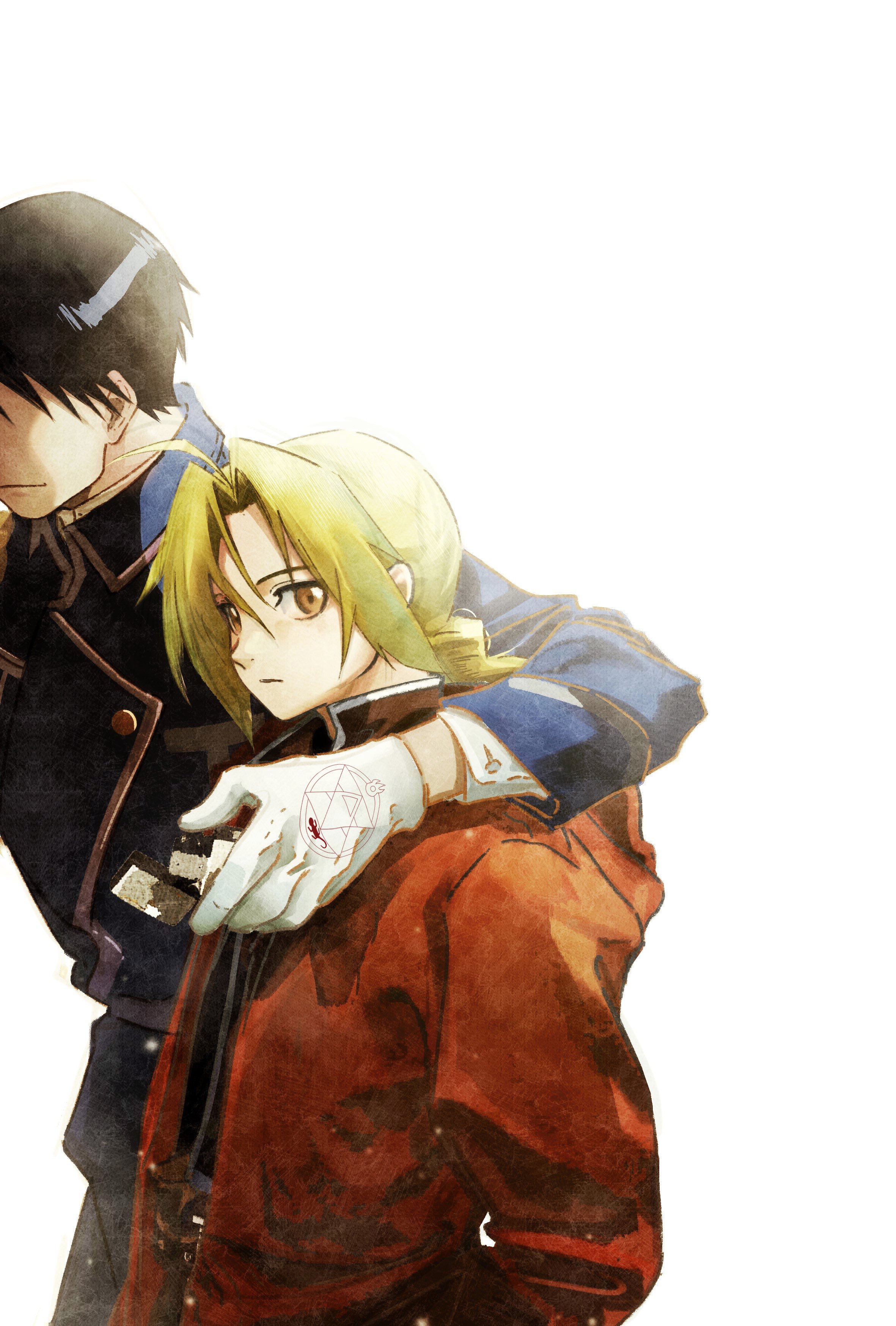youritai, edward elric, roy mustang, fullmetal alchemist, absurdres, highres, 2boys, ahoge, arm around shoulder, black hair, black jacket, blonde hair, blood, blood on hands, blue jacket, braid, closed mouth, coat, gloves, hair between eyes, holding, holding lighter, jacket, lighter, long hair, looking at viewer, male focus, military jacket, military uniform, multiple boys, parted bangs, red coat, short hair, single braid, upper body, white background, white gloves, yellow eyes
