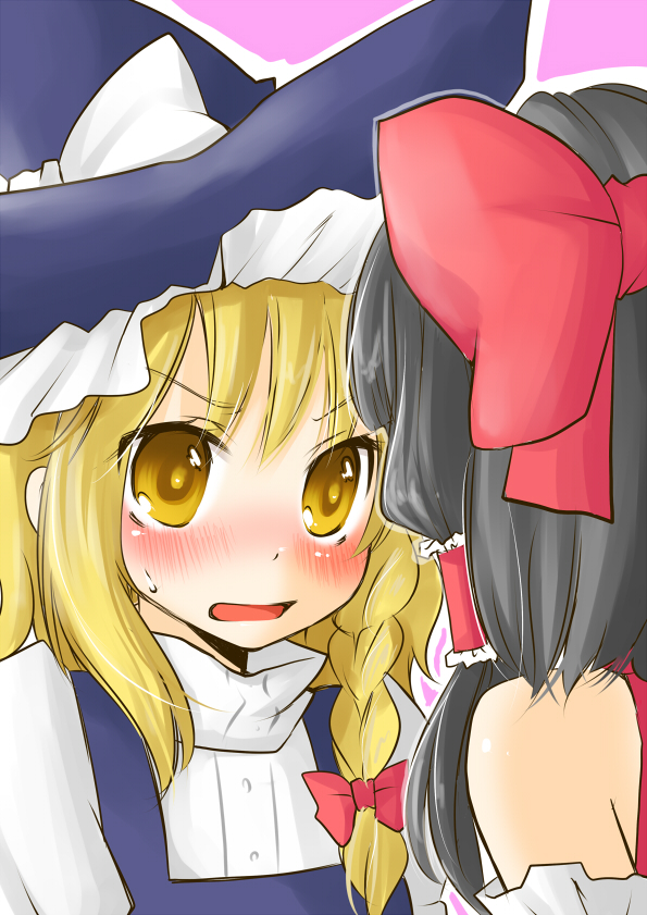 miyata waltz, hakurei reimu, kirisame marisa, touhou, bad id, bad pixiv id, 2girls, back, blush, female focus, hat, multiple girls, ribbon, yuri