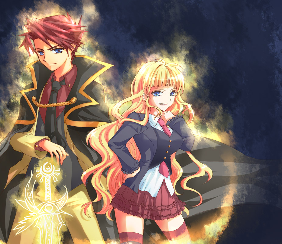 mit, mit (mitn), beatrice (umineko), ushiromiya battler, umineko no naku koro ni, 00s, 1boy, 1girl, blonde hair, blue eyes, cape, jacket, long hair, necktie, pink necktie, red hair, thighhighs, zettai ryouiki