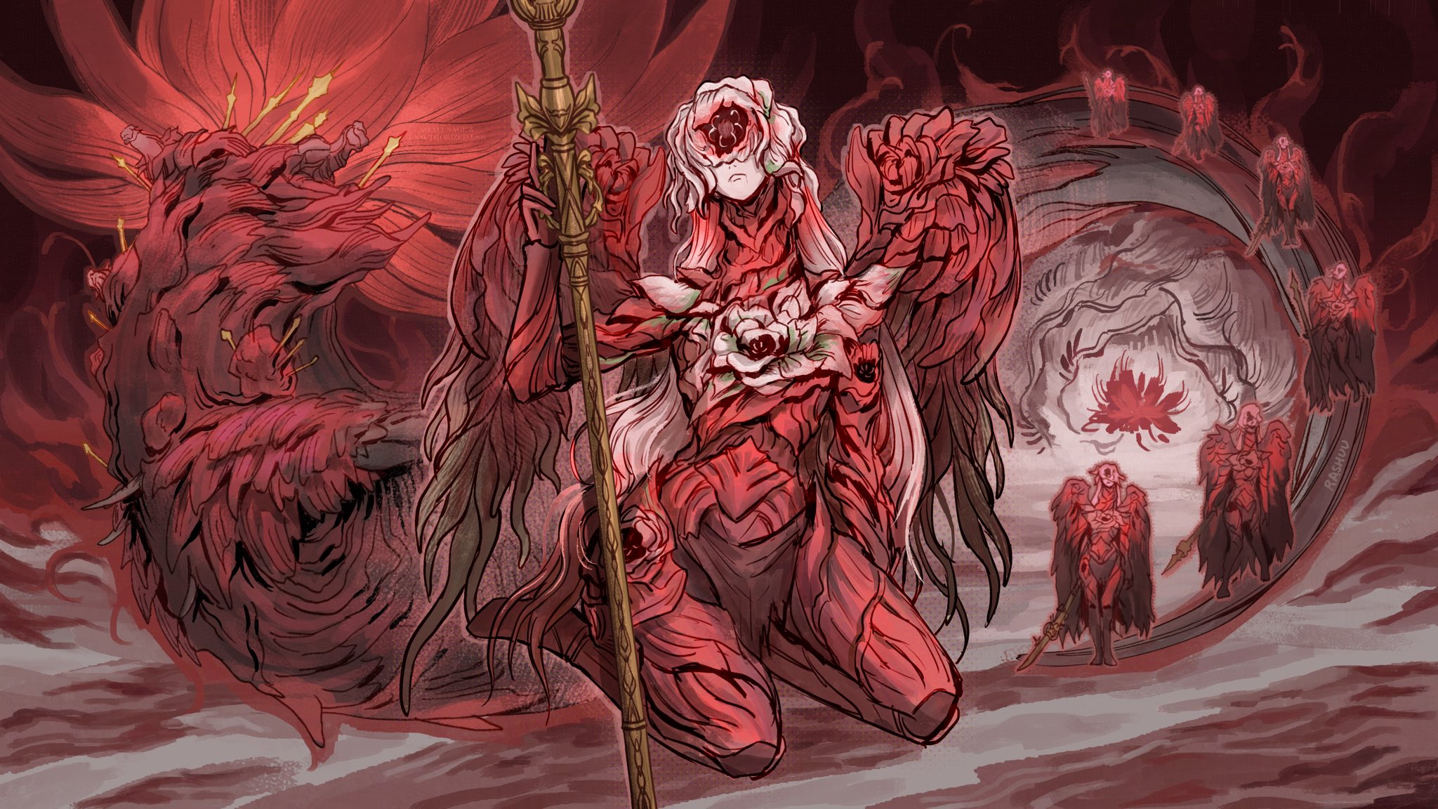 rashuu, weapon bequeathed harmonia (elden ring), elden ring, elden ring nightreign, highres, 6+girls, alternate form, armor, blood, body horror, clothing cutout, covered eyes, eldritch abomination, flower, halter shirt, halterneck, hip armor, holding, holding polearm, holding weapon, in-universe location, kneeling, looking up, monster, multiple girls, navel cutout, ornate armor, pale skin, polearm, sarong, torn clothes, weapon, wings