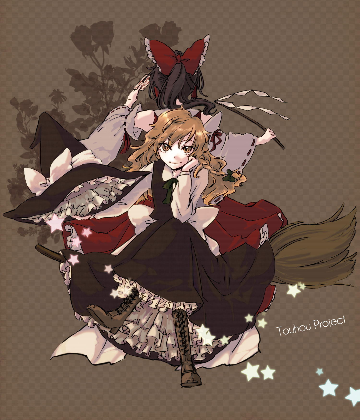 yonu (nyonu), yonu (pixiv), yonu (yonurime), hakurei reimu, kirisame marisa, touhou, highres, 2girls, arm support, back, back-to-back, blonde hair, boots, bow, braid, broom, brown background, checkered background, crossed legs, female focus, frills, gathers, gohei, hair bow, hat, head rest, lace-up boots, large bow, multiple girls, ofuda, ponytail, ribbon, side braid, sitting, smile, star (symbol), unworn hat, unworn headwear, witch, witch hat