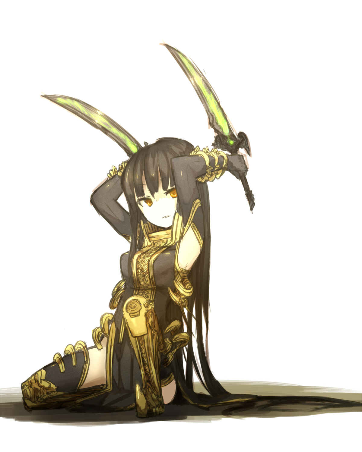 ganesagi, original, bad id, bad pixiv id, highres, 1girl, armor, armpits, arms up, black hair, brown eyes, dress, dual wielding, elbow gloves, female focus, gloves, gold clothes, greaves, holding, knife, long hair, orange eyes, reverse grip, solo, thighhighs