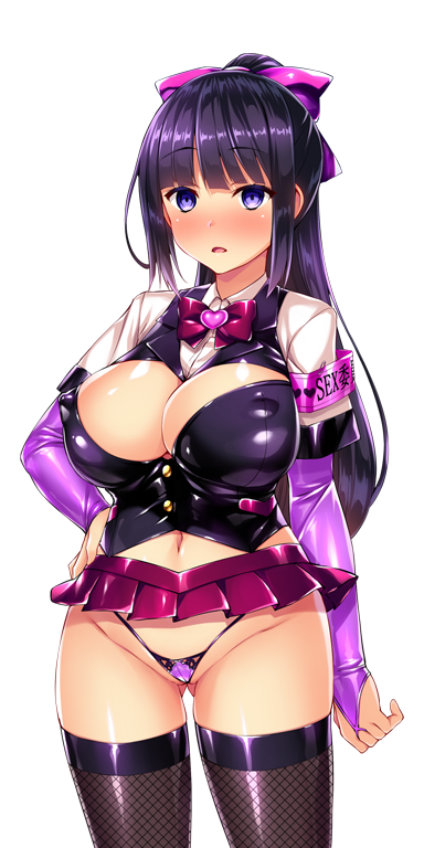 satou kuuki, kisaragi nozomi, shinsou seiki elementia, game cg, large variant set, non-web source, official art, variant set, 1girl, adapted uniform, armband, black hair, black thighhighs, blush, bow, bowtie, breasts, bridal gauntlets, cleavage, cleavage cutout, clothing cutout, corruption, covered erect nipples, cowboy shot, elbow gloves, fishnet thighhighs, fishnets, g-string, gloves, gluteal fold, hair bow, hand on own hip, heart, high ponytail, highleg, highleg panties, large breasts, long hair, looking at viewer, micro panties, microskirt, navel, open mouth, panties, pleated skirt, ponytail, purple bow, purple eyes, purple hair, shiny skin, skirt, solo, standing, string panties, thighhighs, thong, transparent background, underwear